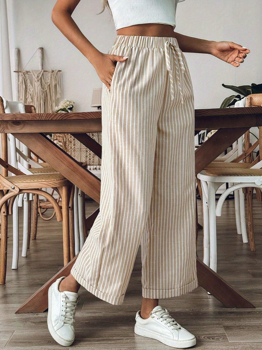 Women's Striped Wide Leg Linen Trousers - Relaxed Elastic Waist Fit