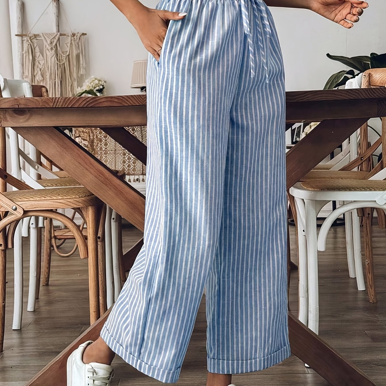 Women's Striped Wide Leg Linen Trousers - Relaxed Elastic Waist Fit