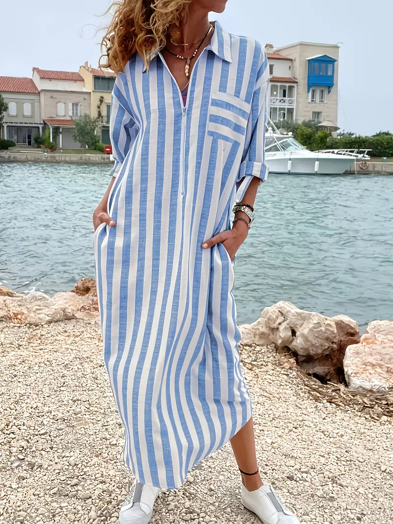 Women's Striped Shirt Maxi Dress – Casual Everyday Button Front Dress