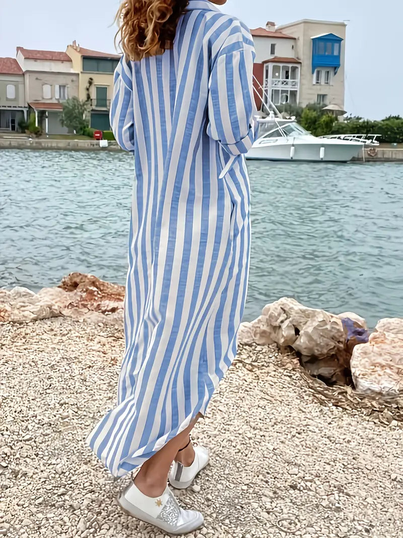Women's Striped Shirt Maxi Dress – Casual Everyday Button Front Dress