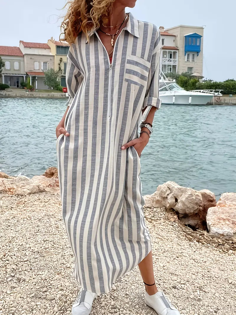 Women's Striped Shirt Maxi Dress – Casual Everyday Button Front Dress