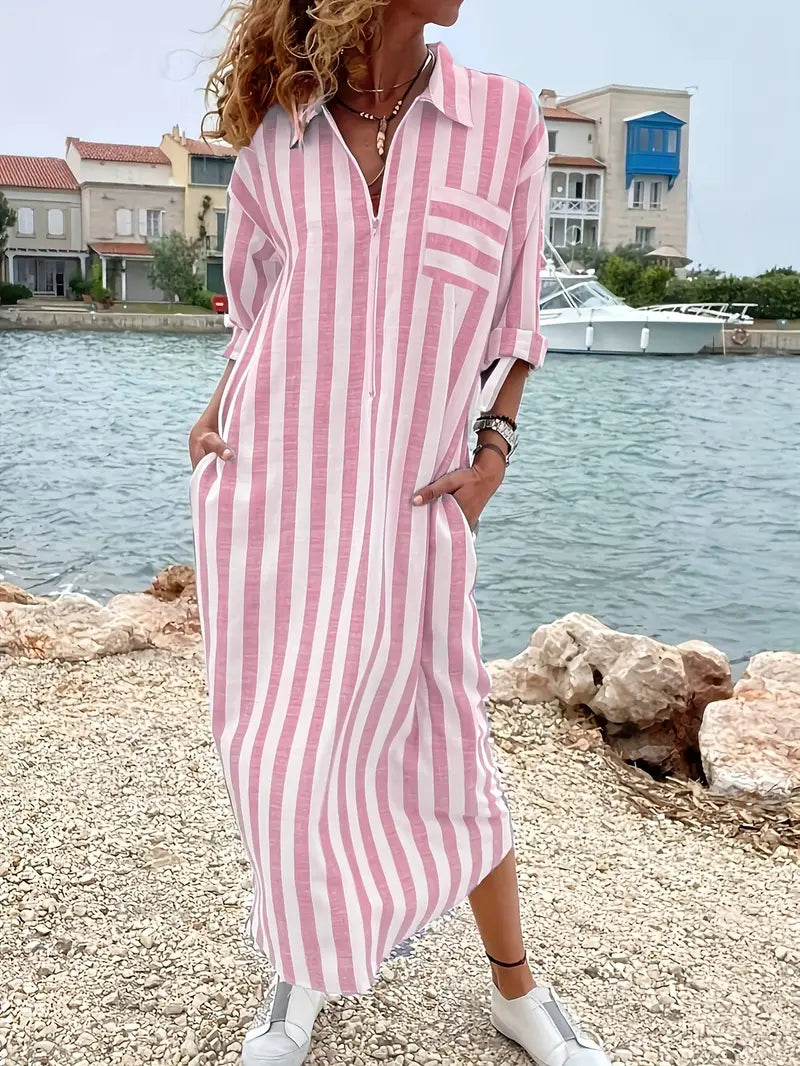 Women's Striped Shirt Maxi Dress – Casual Everyday Button Front Dress