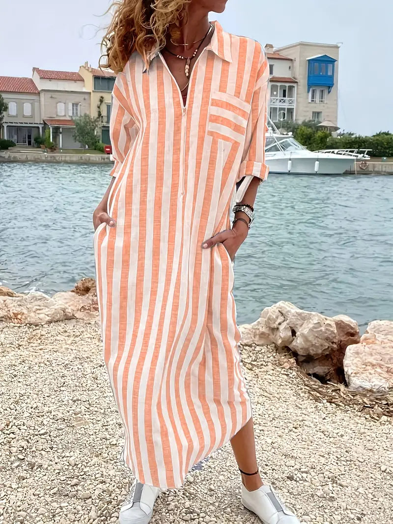 Women's Striped Shirt Maxi Dress – Casual Everyday Button Front Dress