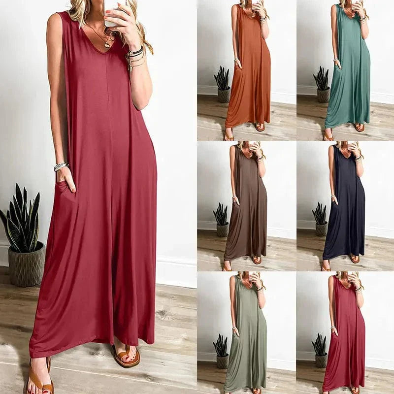 Women's Rust Sleeveless V-Neck Wide-Leg Jumpsuit with Pockets