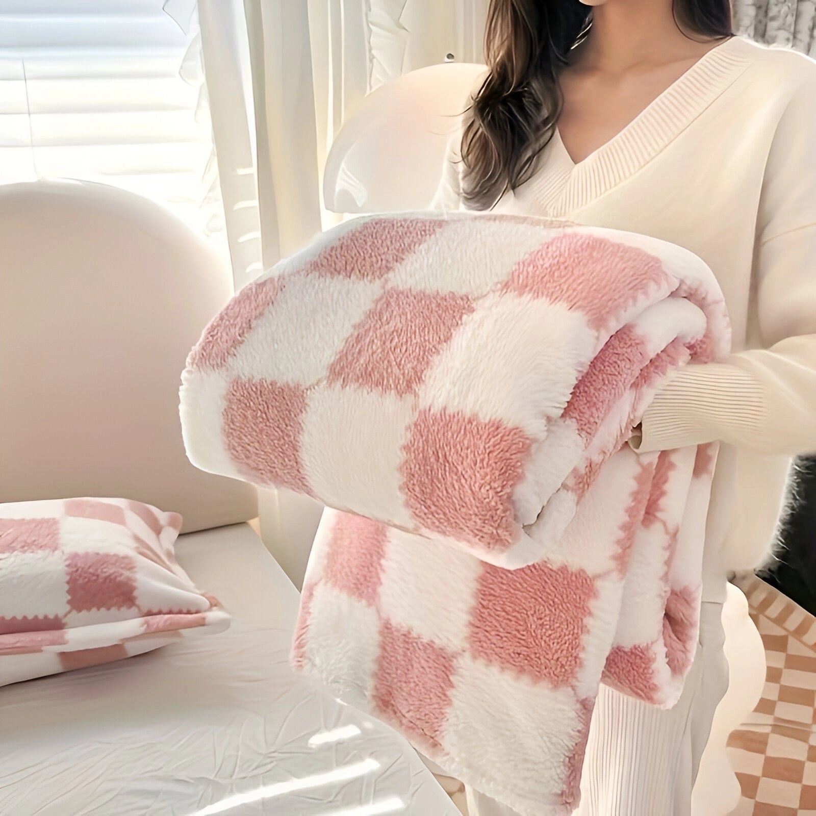 Pink and White Checkered Fleece Blanket - Soft, Plush Cozy Decor
