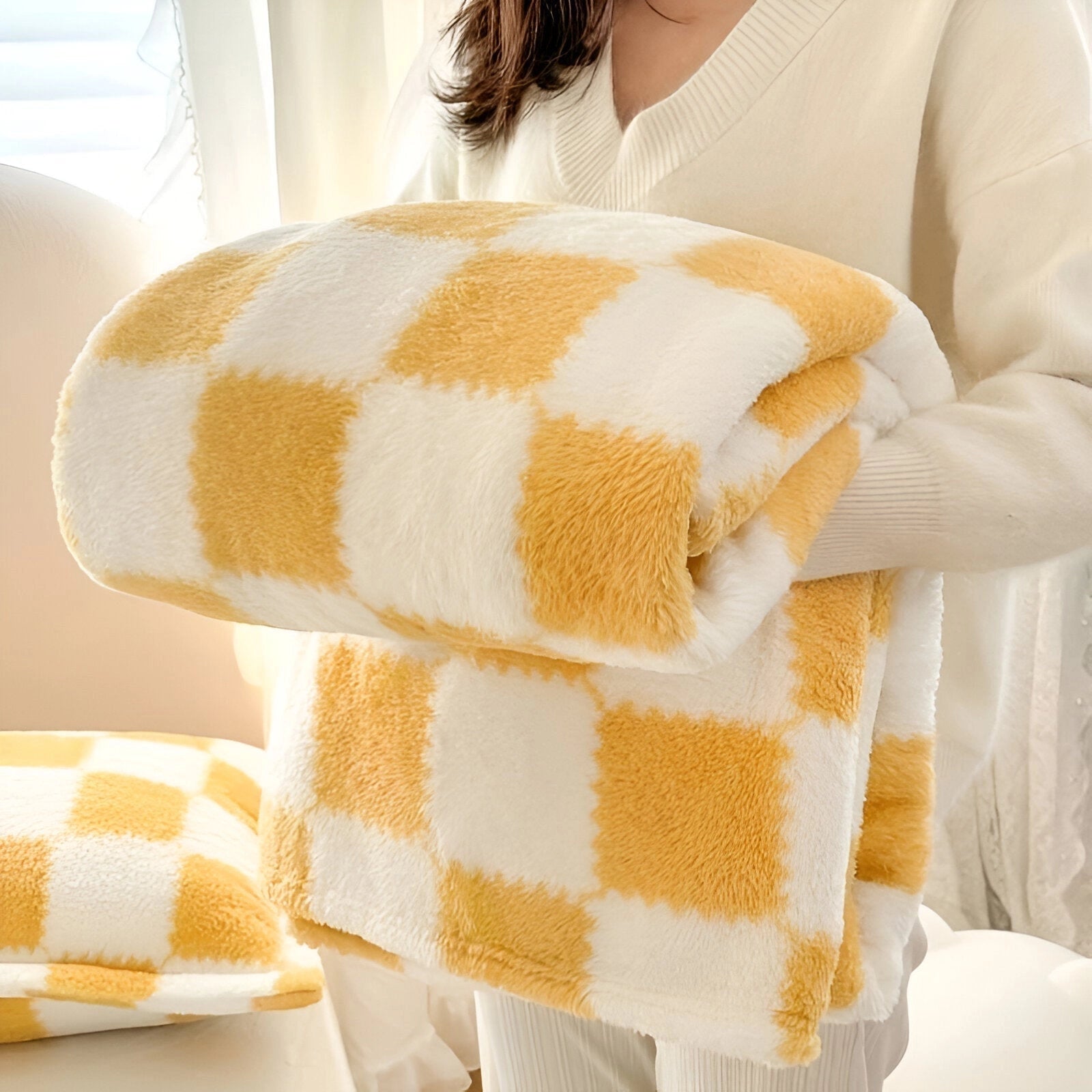 Pink and White Checkered Fleece Blanket - Soft, Plush Cozy Decor