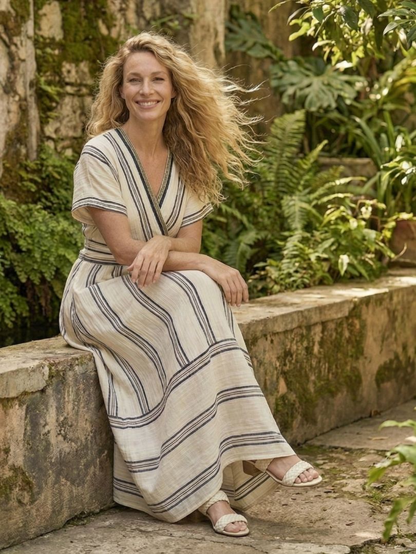 Women's V Neck Short Sleeve Wrap Waist Midi Dress - Easy Flattering Summer Style
