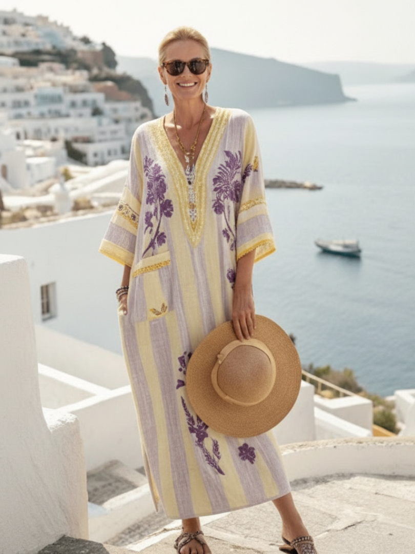Women's V Neck Half Sleeve Striped Floral Maxi Dress – Flowy Summer Occasion Dress