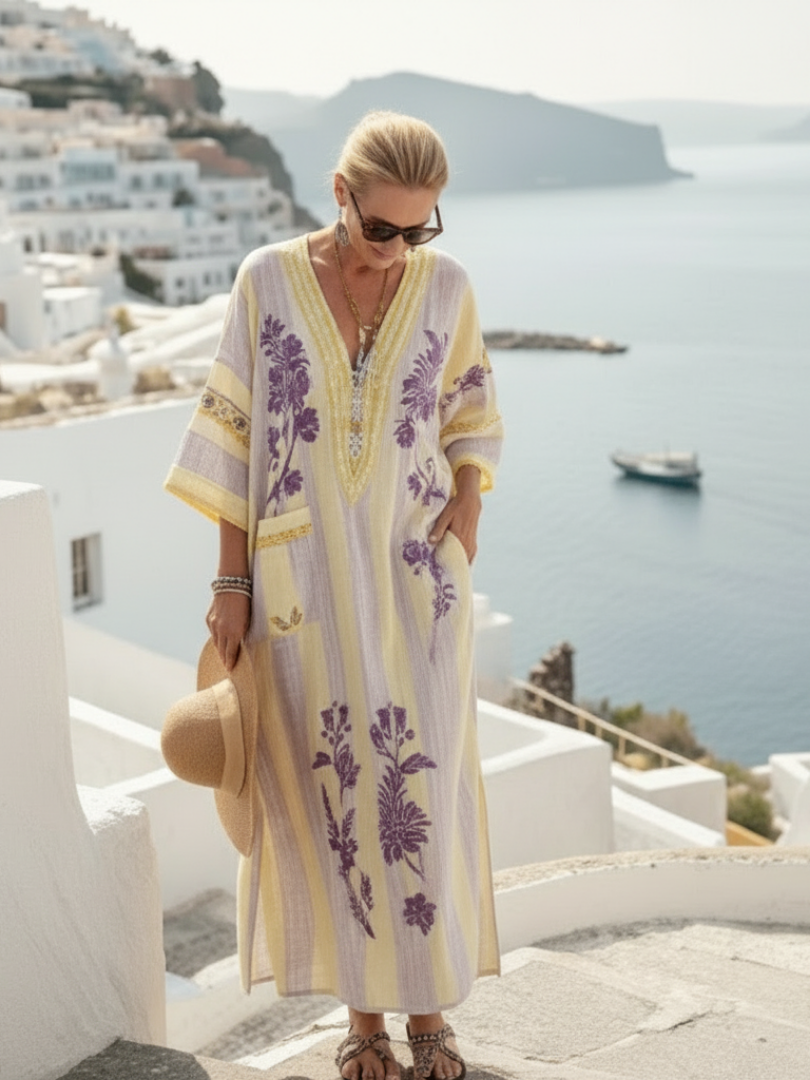 Women's V Neck Half Sleeve Striped Floral Maxi Dress – Flowy Summer Occasion Dress