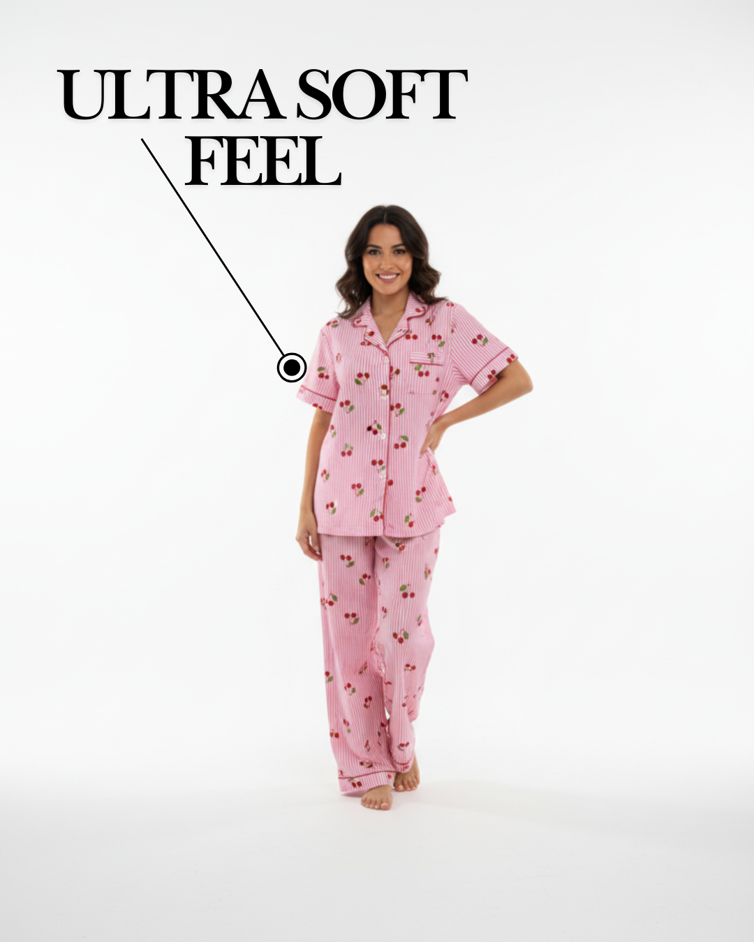 Pyjamaset voor dames van Sweet Cherry Dreams – Roze gestreepte katoenen nachtkleding
