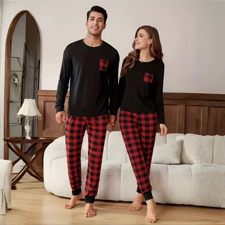 Couples Plaid Pocket Long-Sleeve Pajama Set – Matching Sleepwear Outfit
