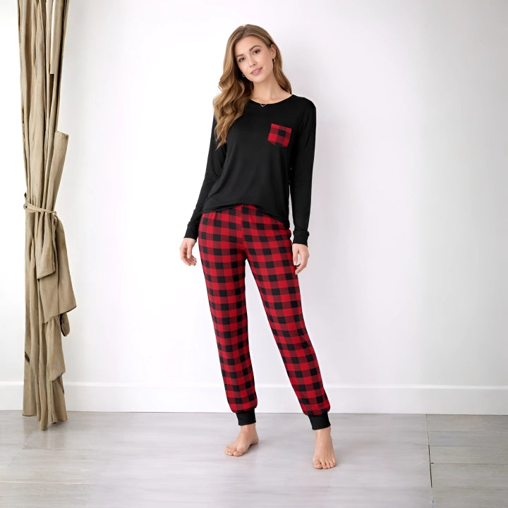 Couples Plaid Pocket Long-Sleeve Pajama Set – Matching Sleepwear Outfit