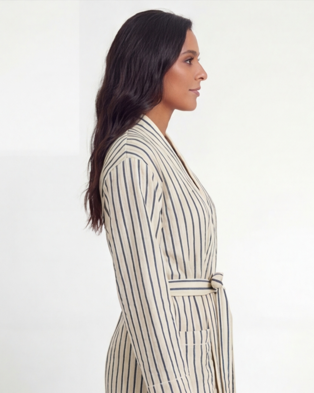 Women’s Luxury Comfort Long Robe – Elegant Pinstripe Bathrobe