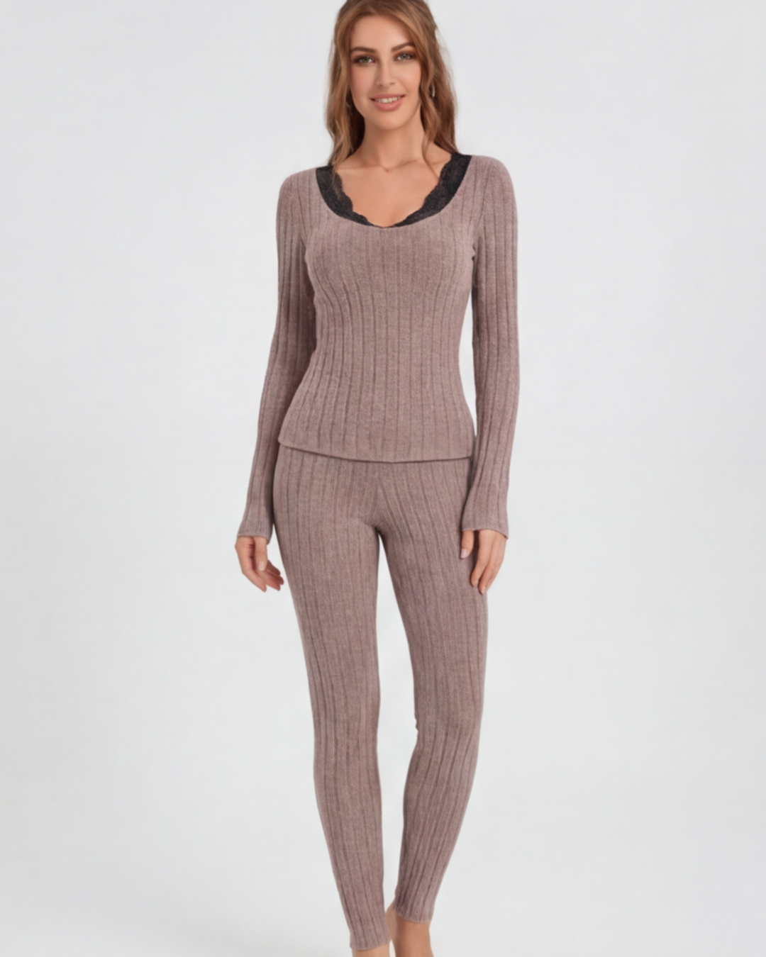 Women’s Ribbed Knit Lounge Set – Slim-Fit Long-Sleeve Top and Pants
