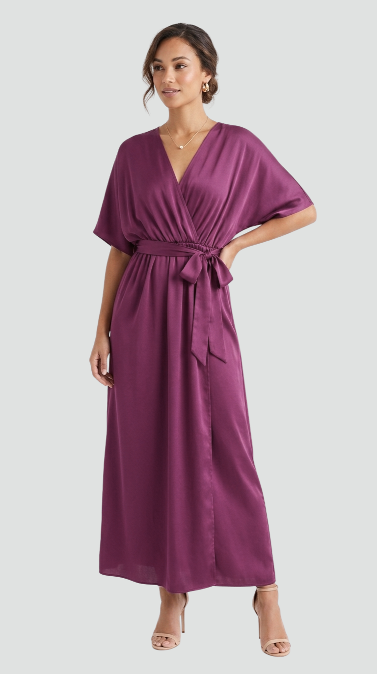 Women's Flowy Midi Gala Dress – Wrap Neck Tie Waist Occasion Style