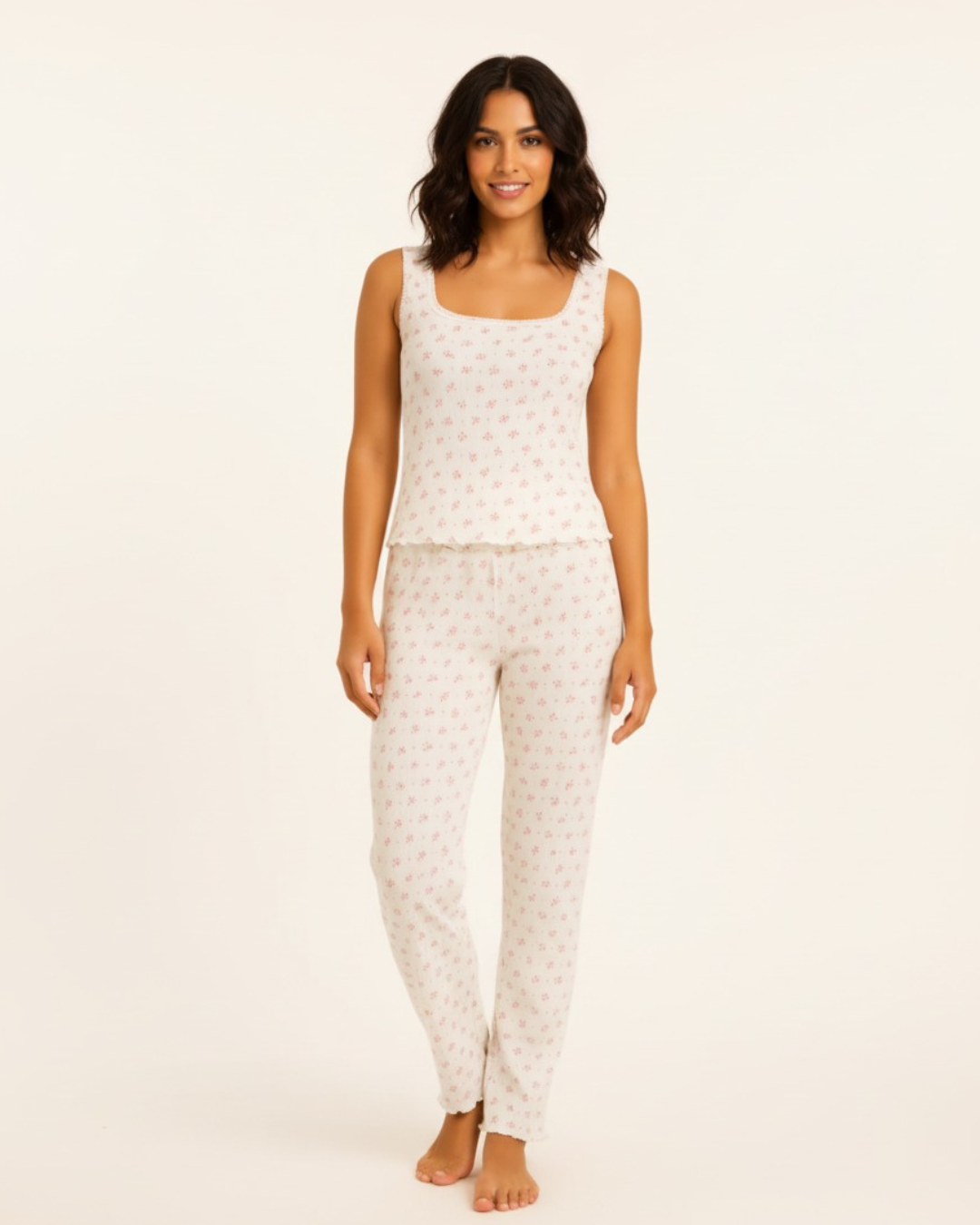 Mouwloze pyjama voor dames met bloemenprint - Top met relaxte pasvorm en lange broek