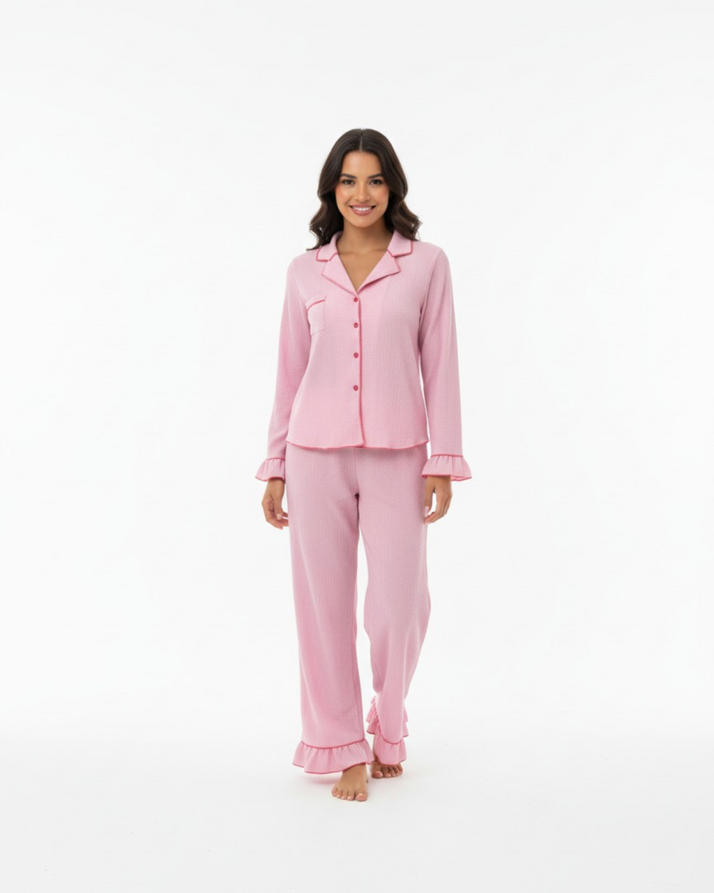 Roze pyjamaset met lange mouwen voor dames - Bestaande uit een lange broek en een comfortabele top met lange mouwen.