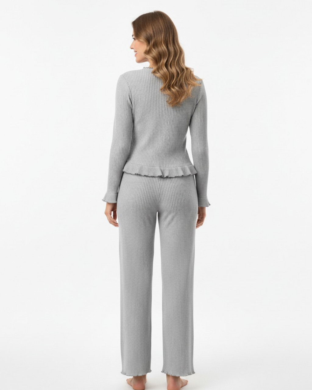 Pyjamaset voor dames met V-hals en lange mouwen - Top met lange mouwen en lange broek