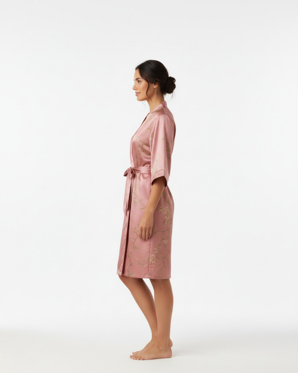 Women's Pink Elegant Floral Print Satin Robe kimono