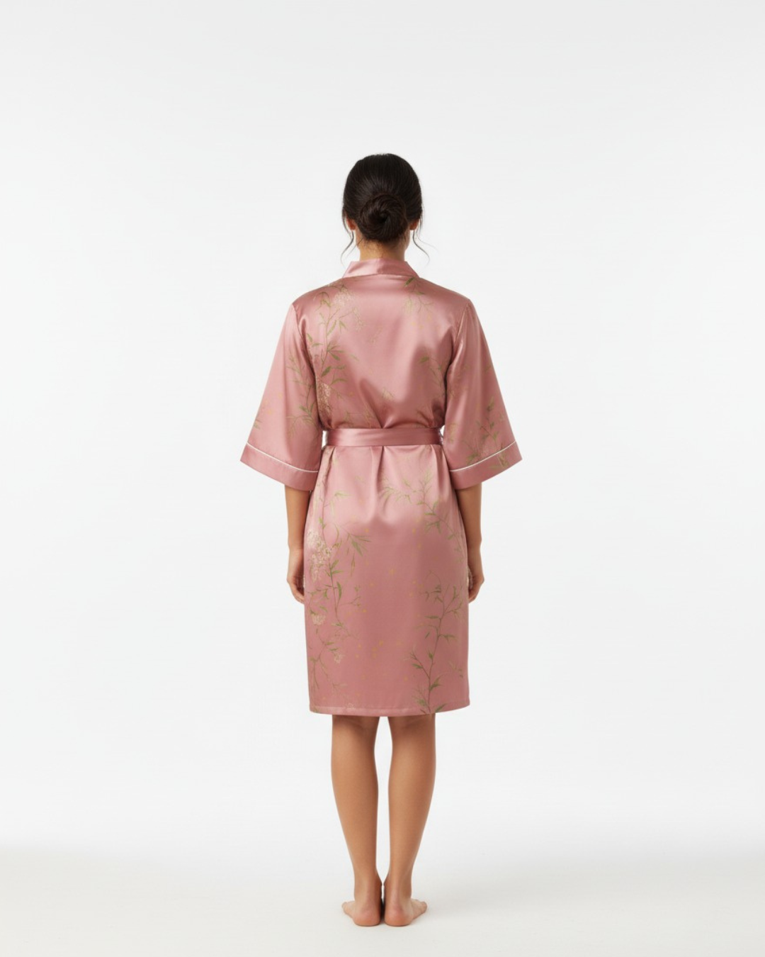 Women's Pink Elegant Floral Print Satin Robe kimono