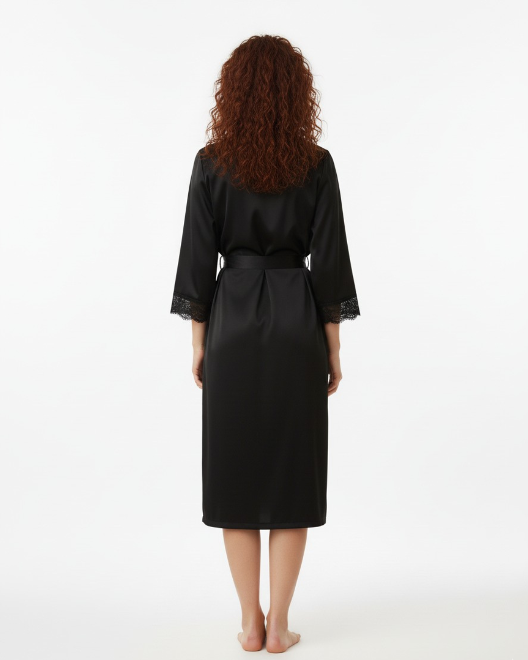 Women's Solid Black Lace Trim Sleep Robe