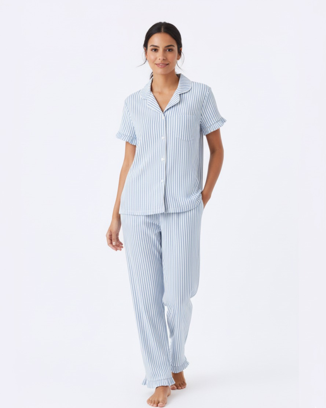 Damespyjama van katoen – Blauw-wit gestreepte nachtkleding met knoopjes, top met korte mouwen en broek – Zachte, ademende loungewear