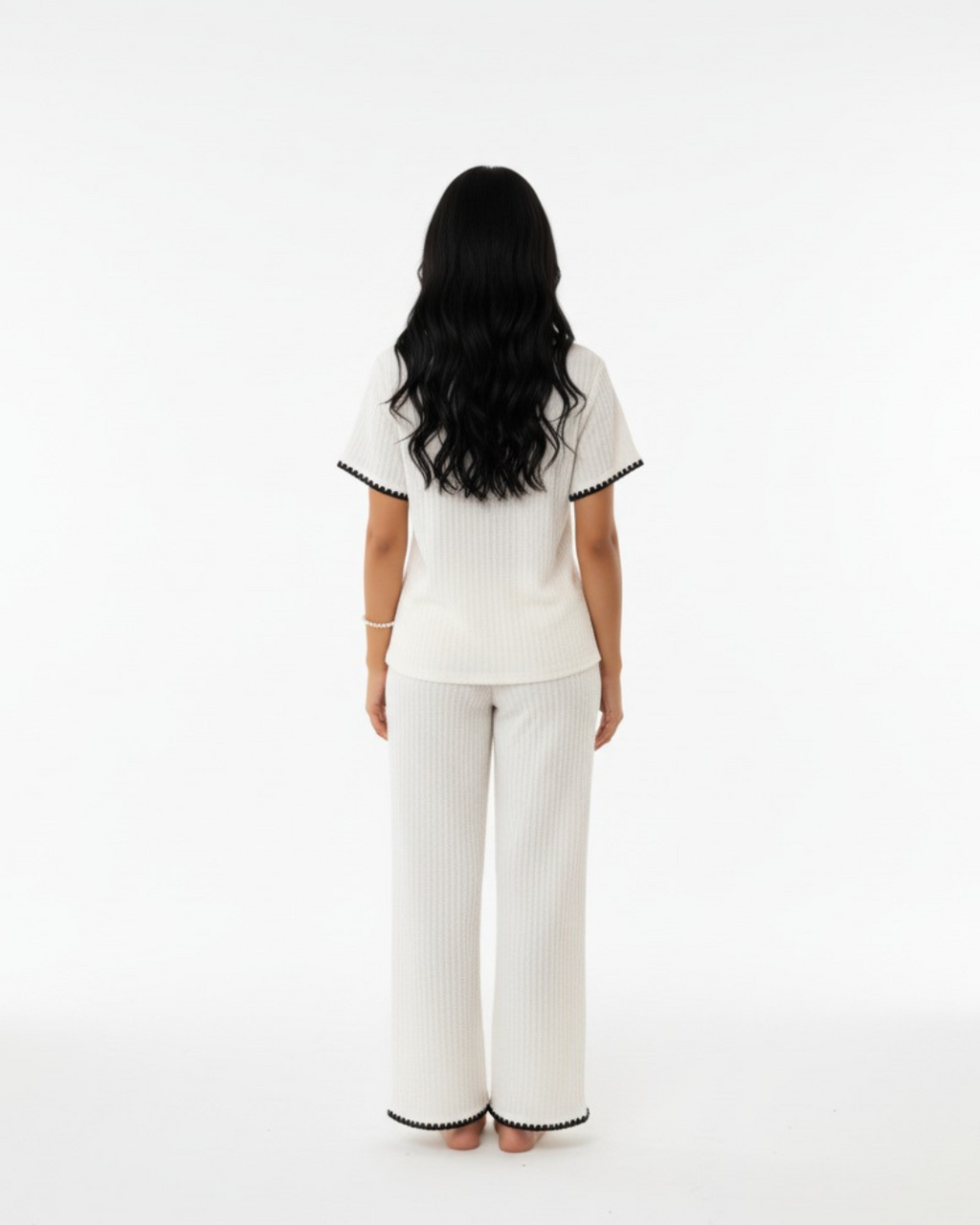 Women’s White Beige Pajama Set – Short Sleeve Button Down Top and Long Pants