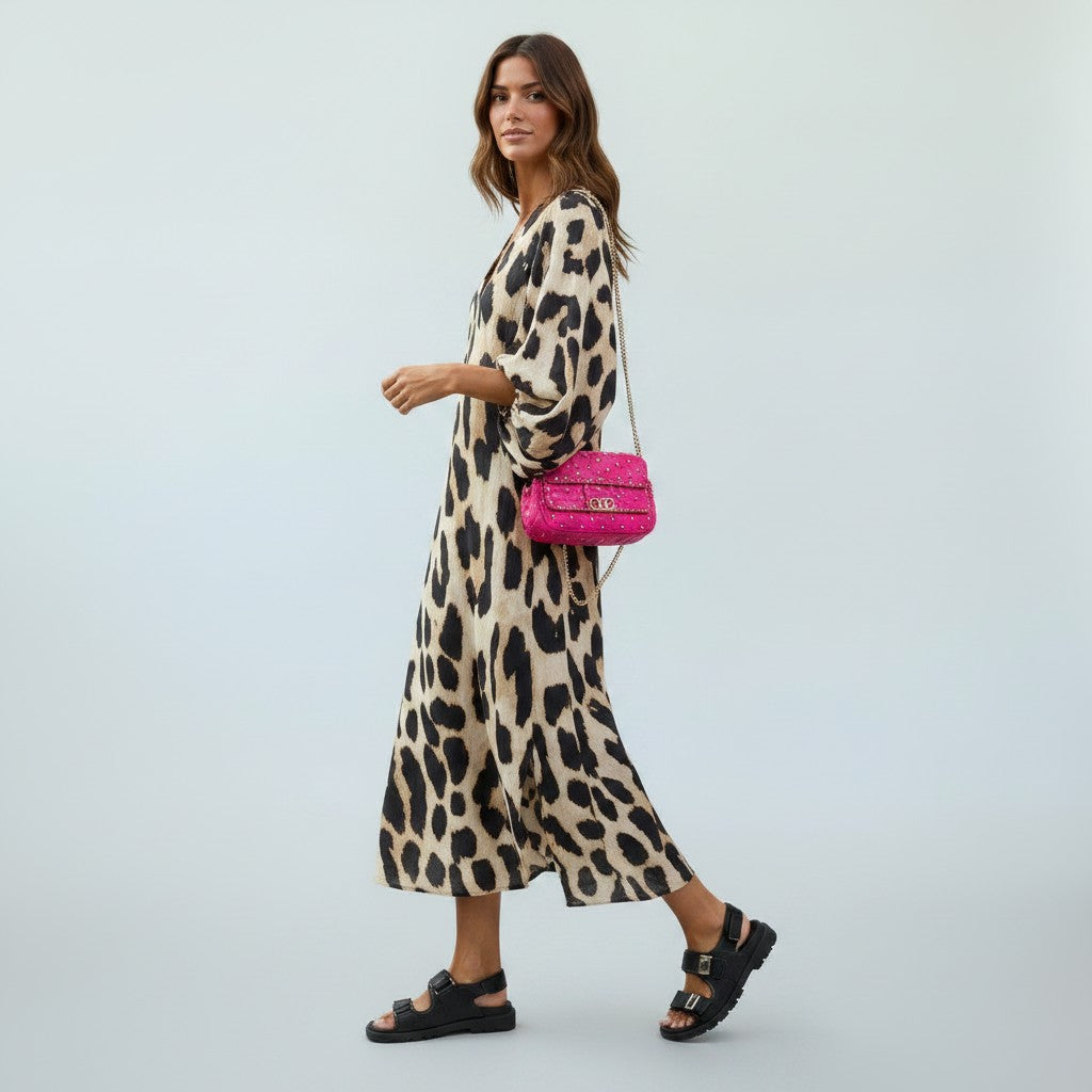 Women's Leopard Print Midi Dress – Flattering Trendy Everyday Dress