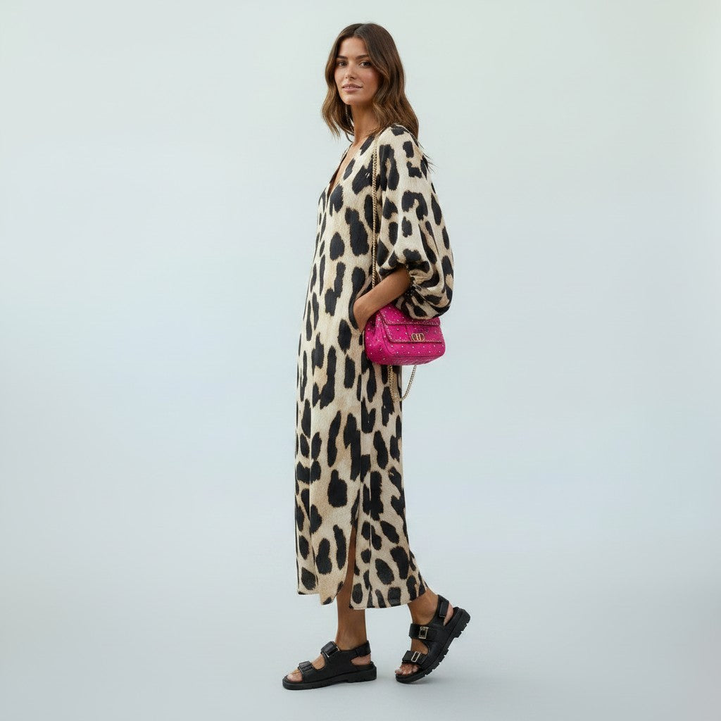 Women's Leopard Print Midi Dress – Flattering Trendy Everyday Dress