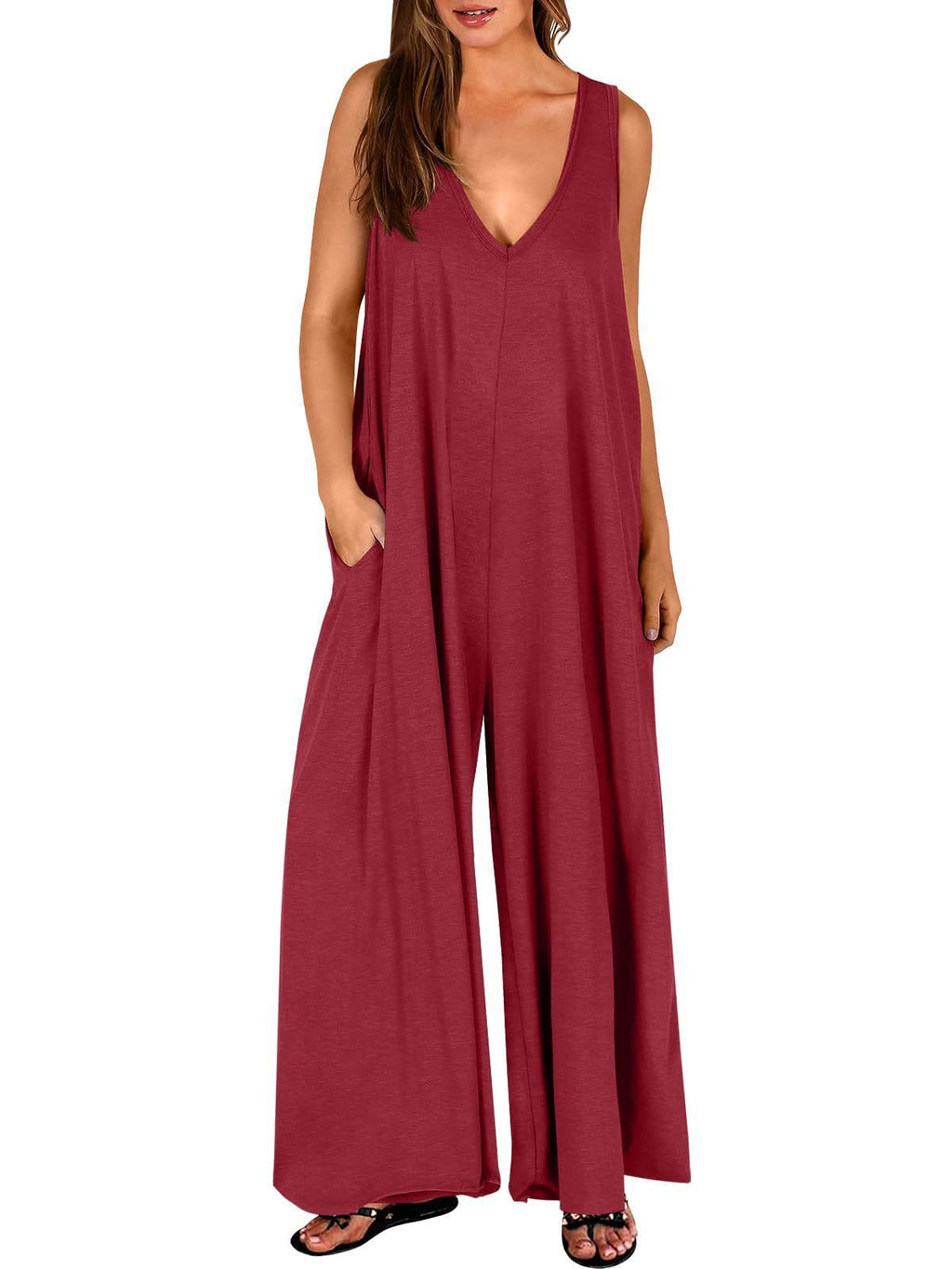 Women's Rust Sleeveless V-Neck Wide-Leg Jumpsuit with Pockets