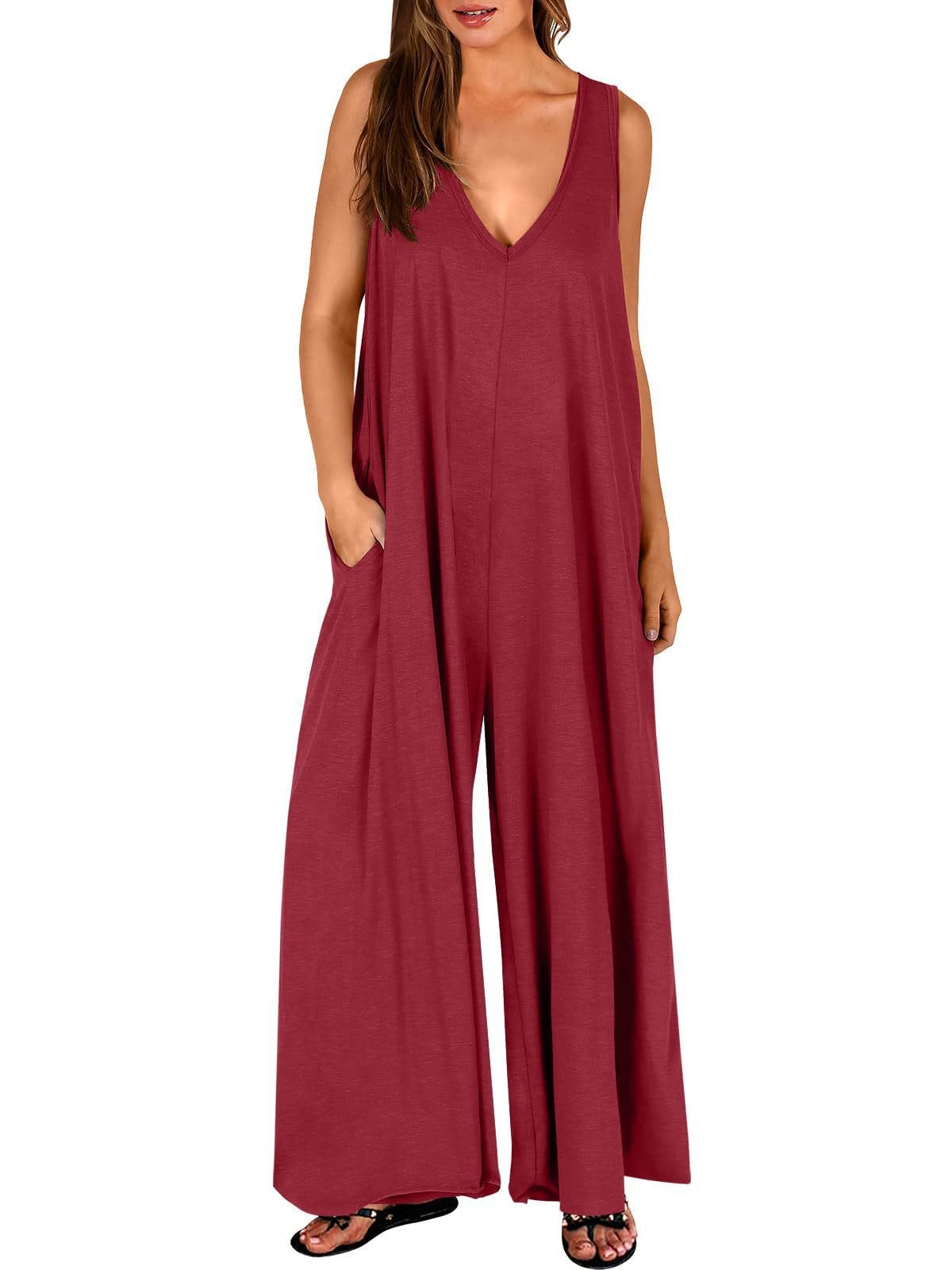 Women's Rust Sleeveless V-Neck Wide-Leg Jumpsuit with Pockets