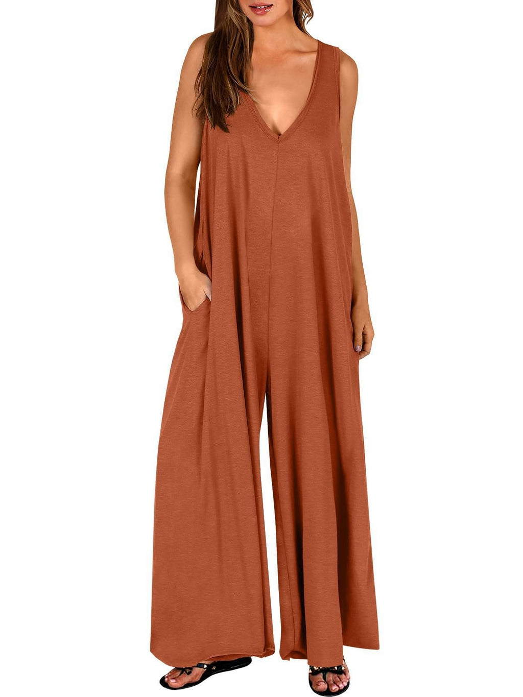 Women's Rust Sleeveless V-Neck Wide-Leg Jumpsuit with Pockets