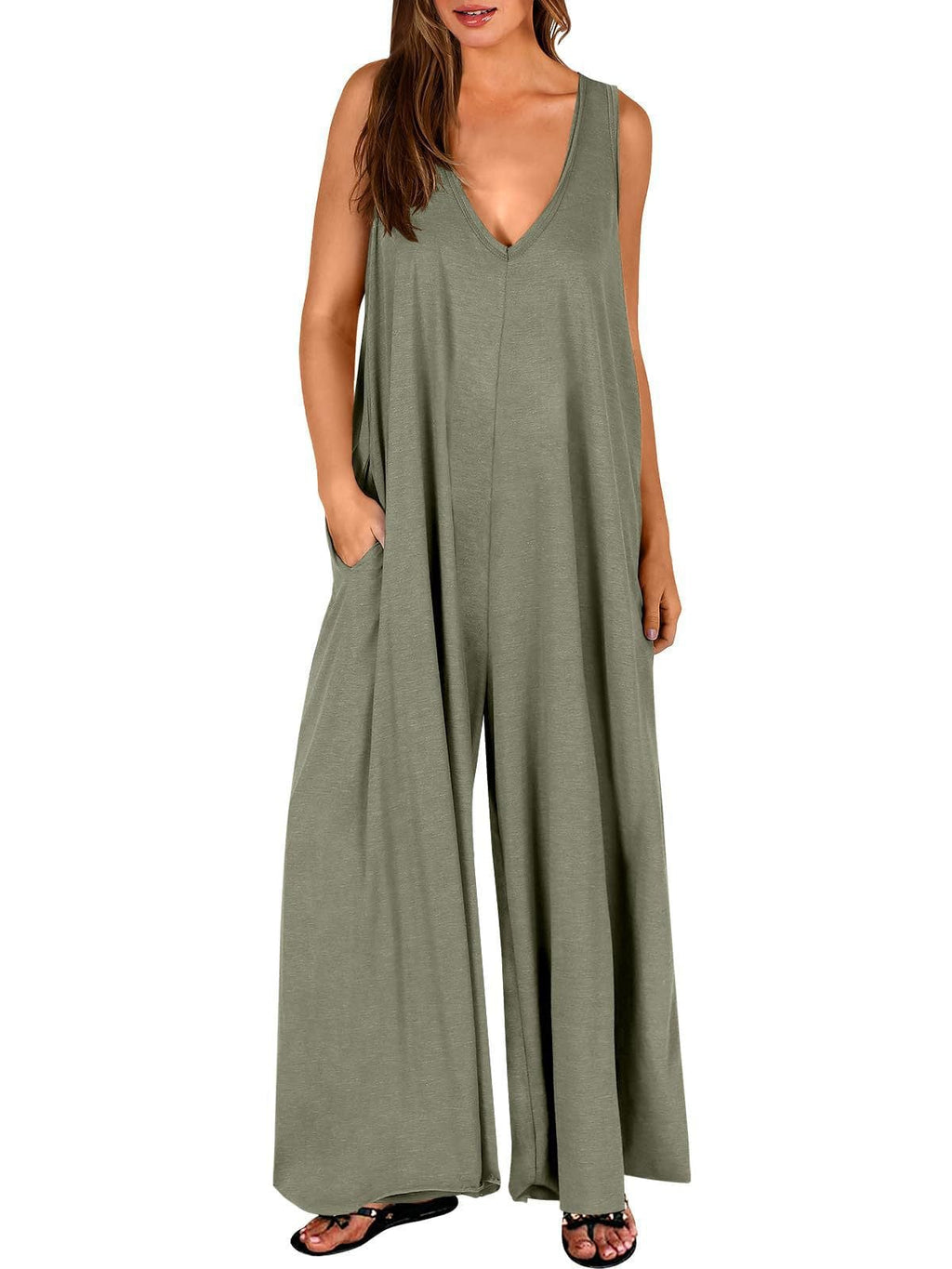 Women's Rust Sleeveless V-Neck Wide-Leg Jumpsuit with Pockets