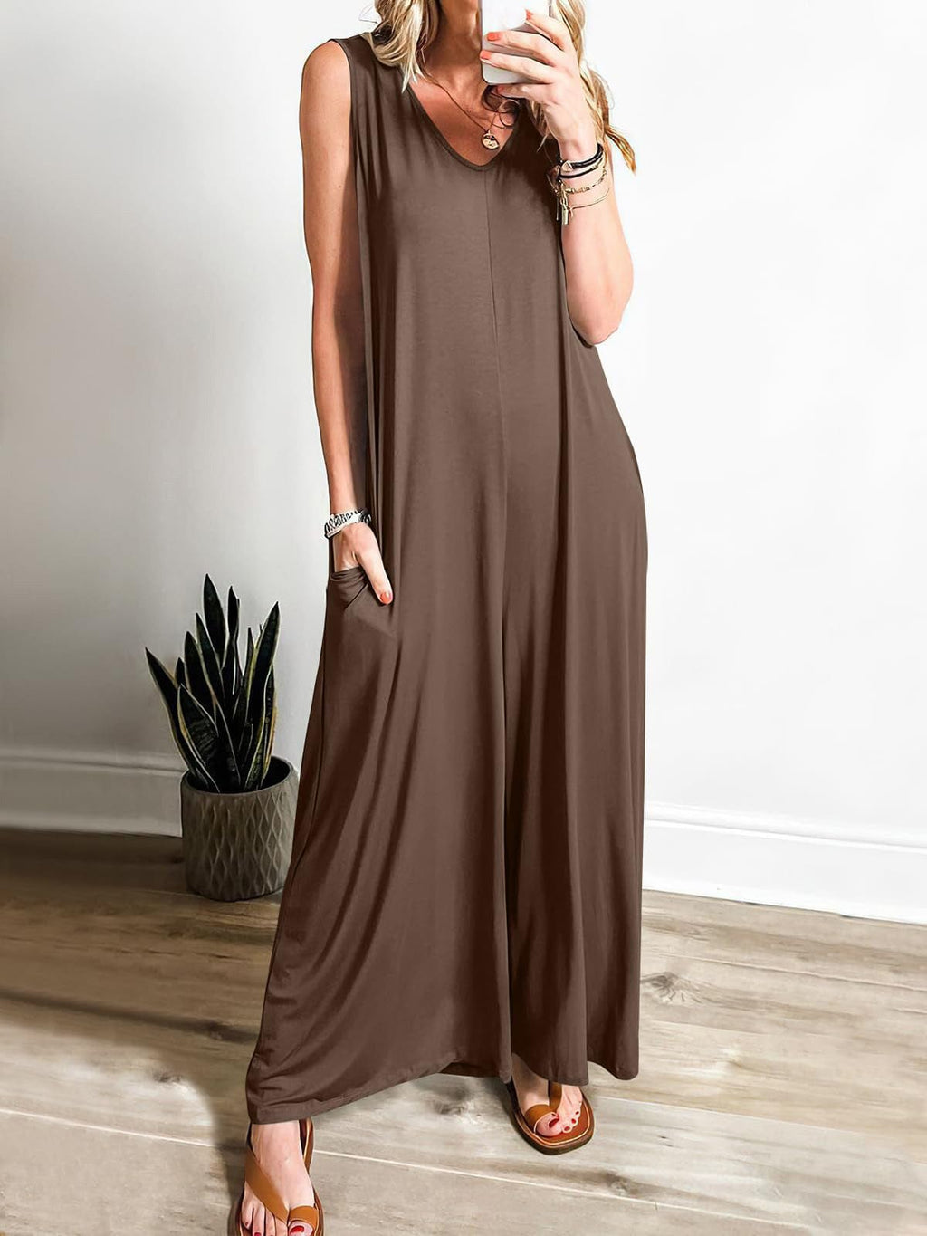 Women's Rust Sleeveless V-Neck Wide-Leg Jumpsuit with Pockets