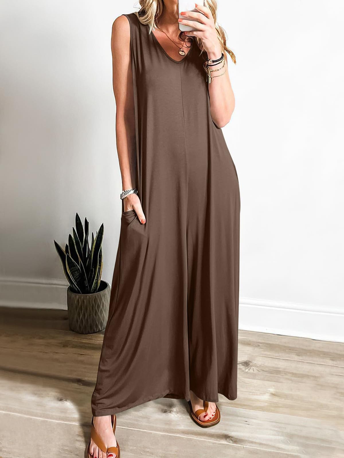 Women's Rust Sleeveless V-Neck Wide-Leg Jumpsuit with Pockets