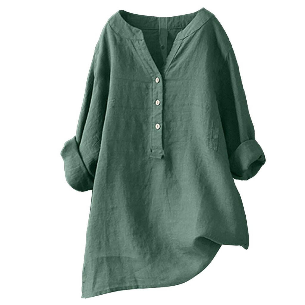 Women's Red Linen V-Neck Button Long-Sleeve Tunic Shirt