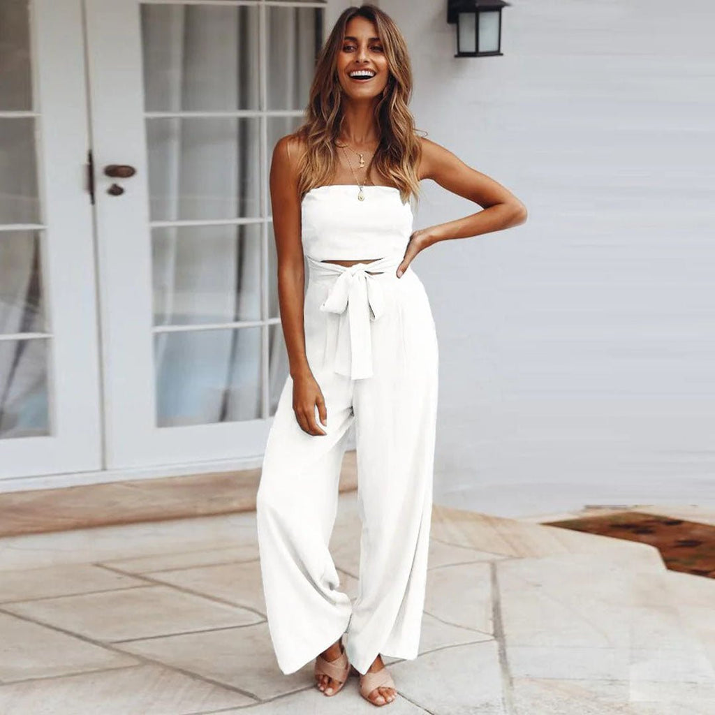 Women's Strapless Wide Leg Jumpsuit – Tie Waist Elegant Summer Outfit