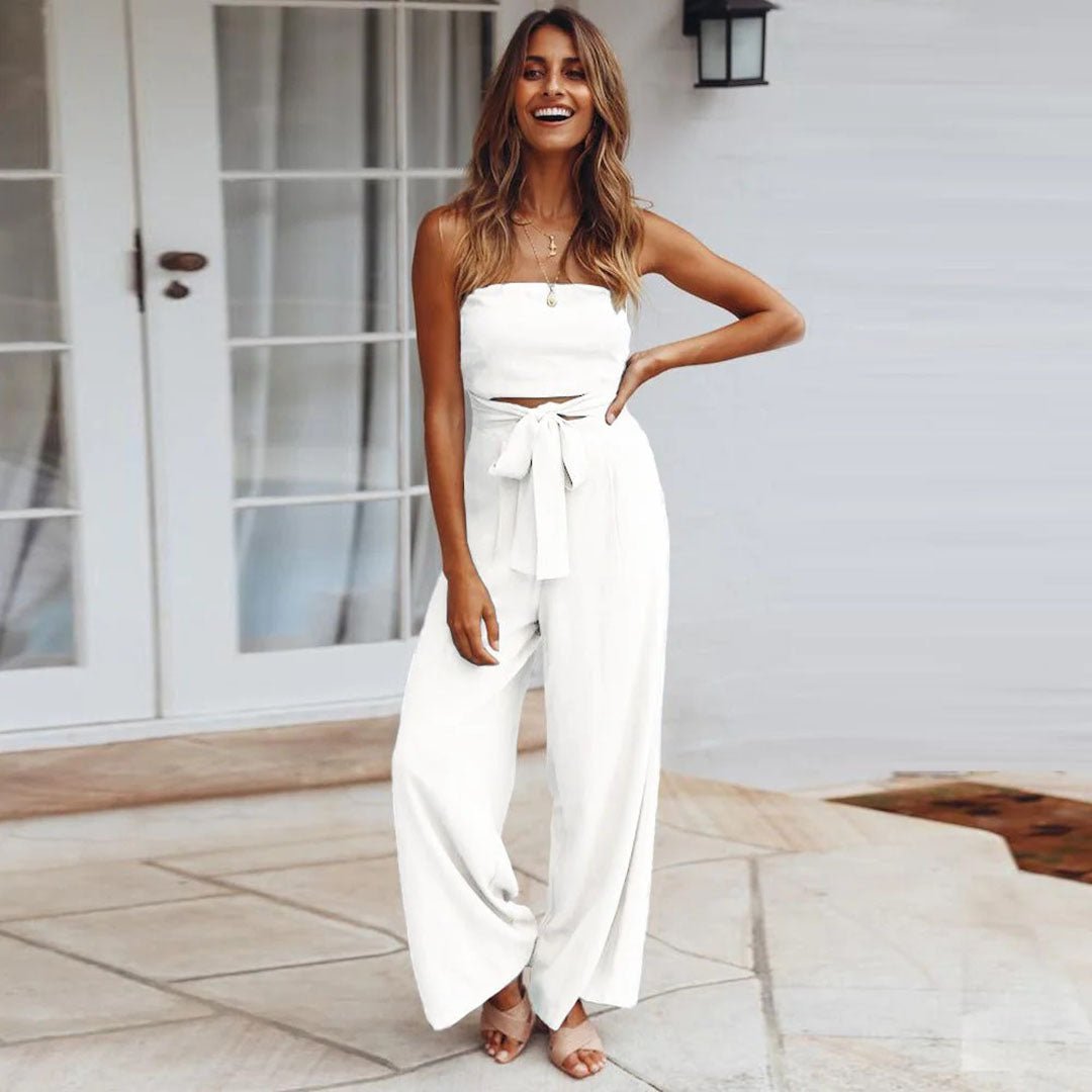 Women's Strapless Wide Leg Jumpsuit – Tie Waist Elegant Summer Outfit