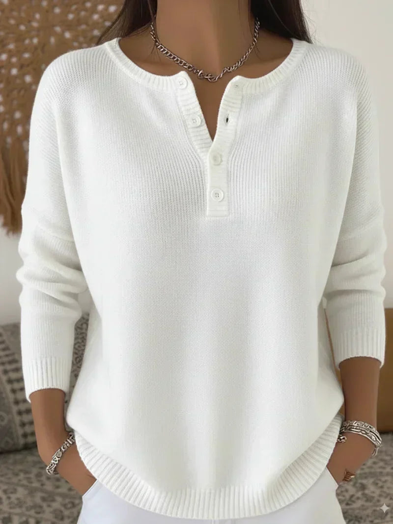 Women's Henley Button Knit Sweater - Soft Casual Everyday Style