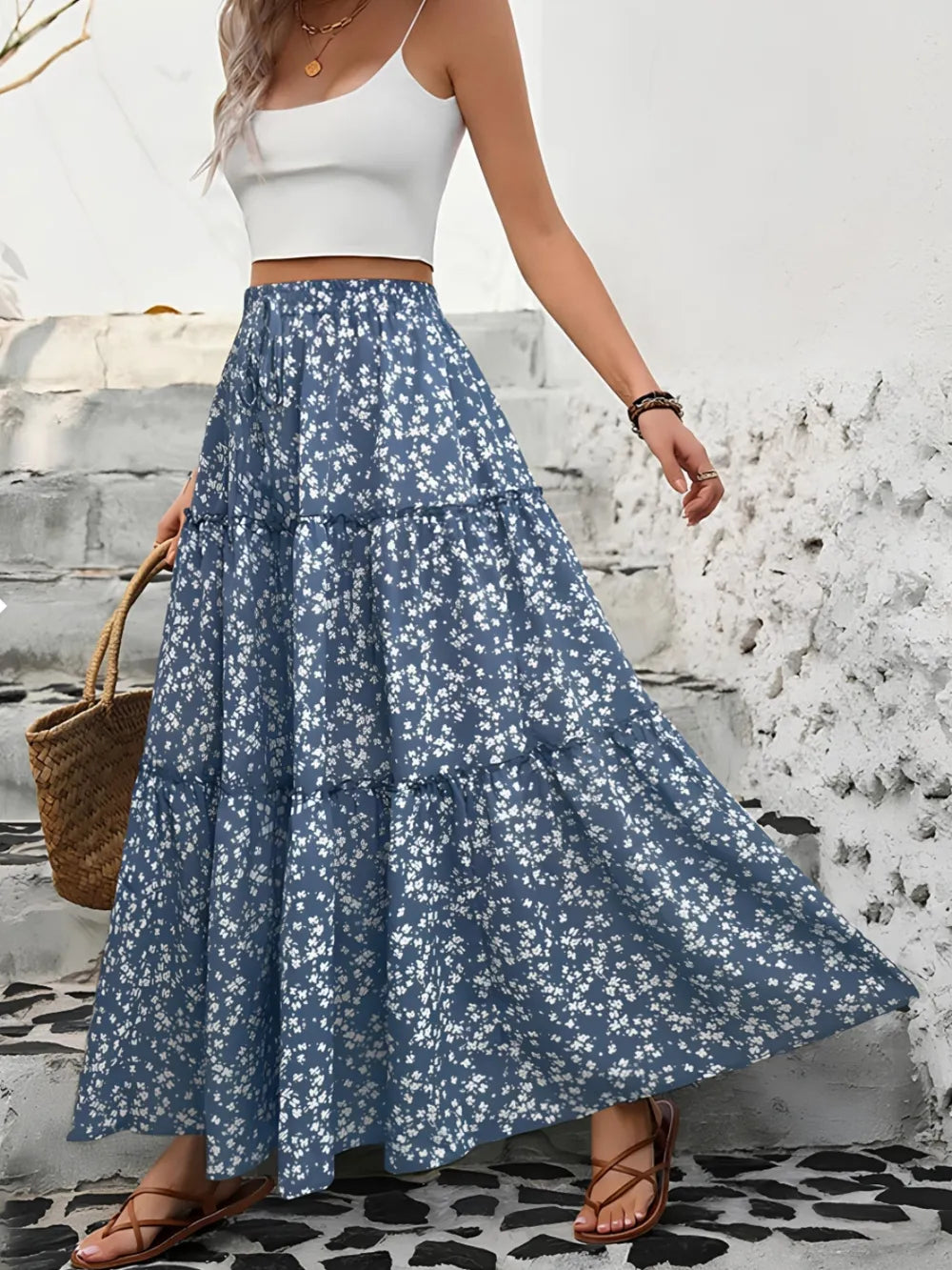 Women's Floral Tiered Maxi Skirt – Boho Lightweight Summer Skirt Flowy Gathered Waist