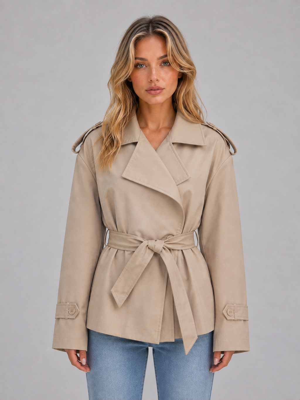 Women's Belted Double-Breasted Short Trench Coat - Polished Everyday Outerwear