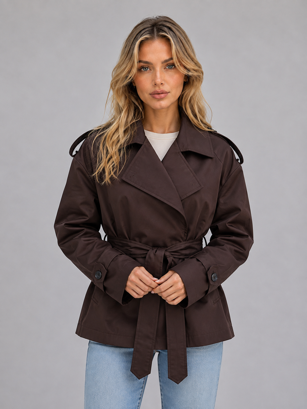 Women's Belted Double-Breasted Short Trench Coat - Polished Everyday Outerwear