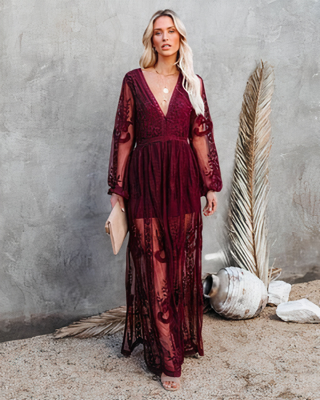 Women's Lace Maxi Dress - Long Sleeve Elegant Occasion Dress