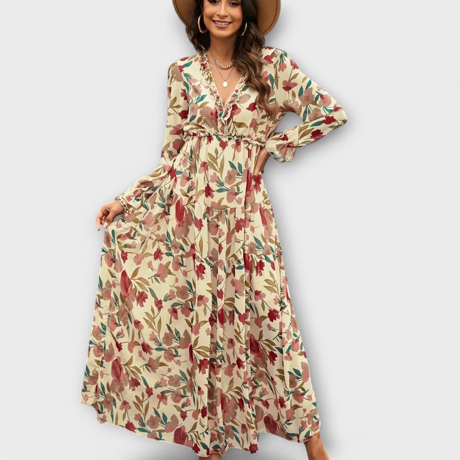 Women's Floral Tiered Maxi Dress - Long Sleeve Occasion Dress