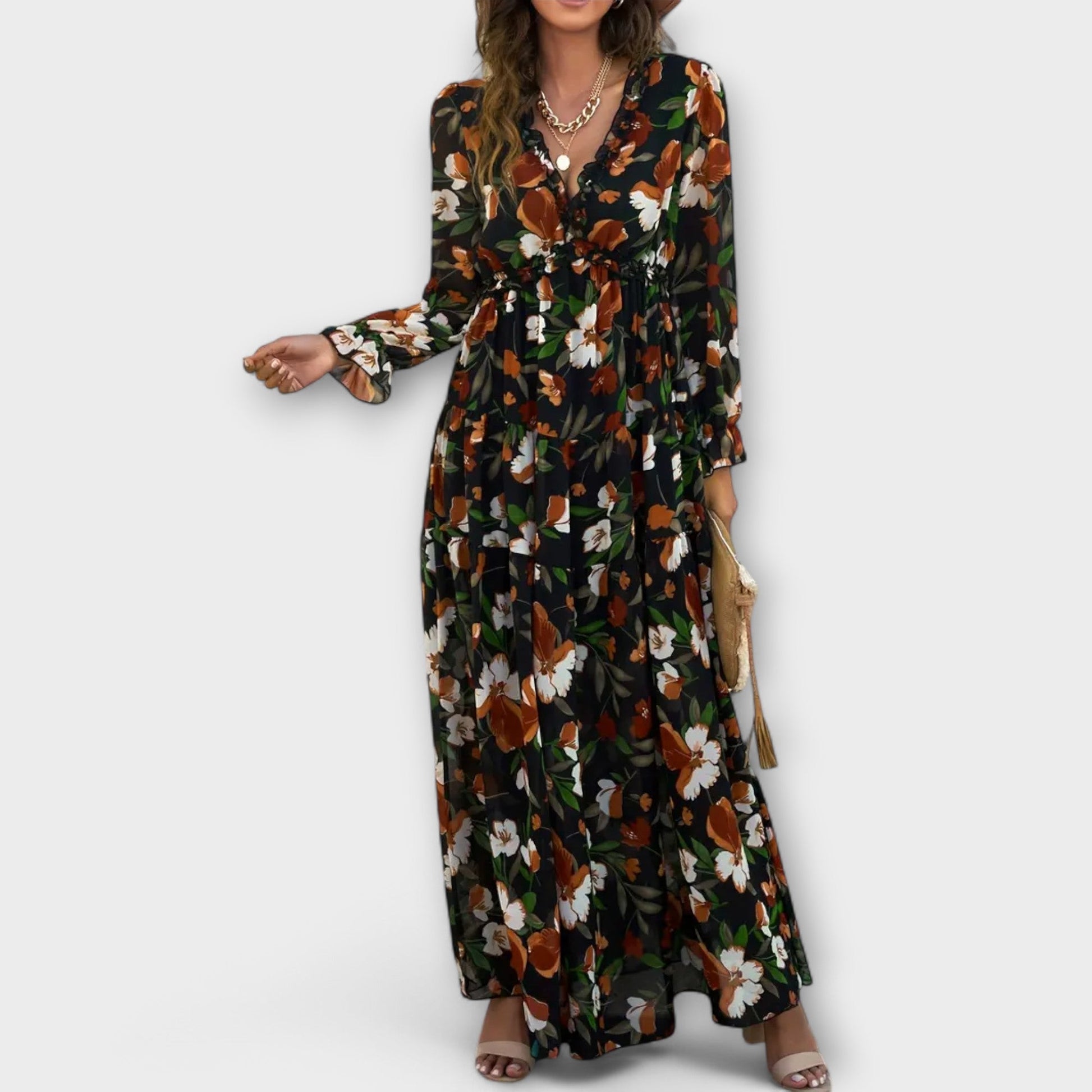 Women's Floral Tiered Maxi Dress - Long Sleeve Occasion Dress
