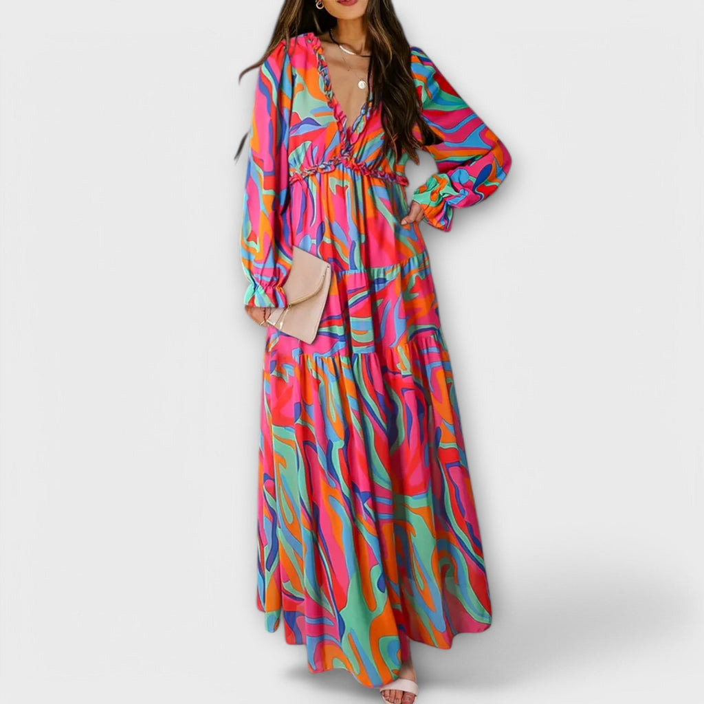 Women's Floral Tiered Maxi Dress - Long Sleeve Occasion Dress