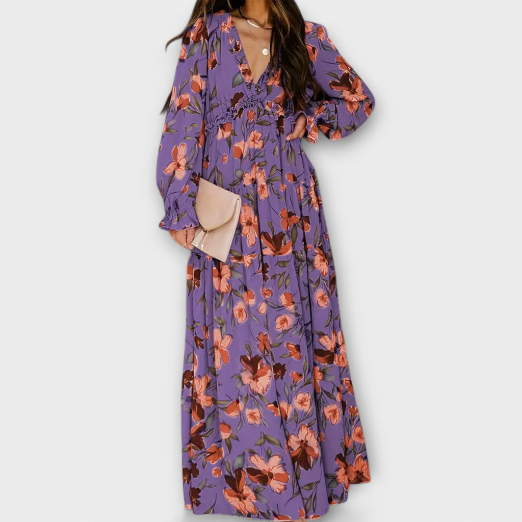 Women's Floral Tiered Maxi Dress - Long Sleeve Occasion Dress