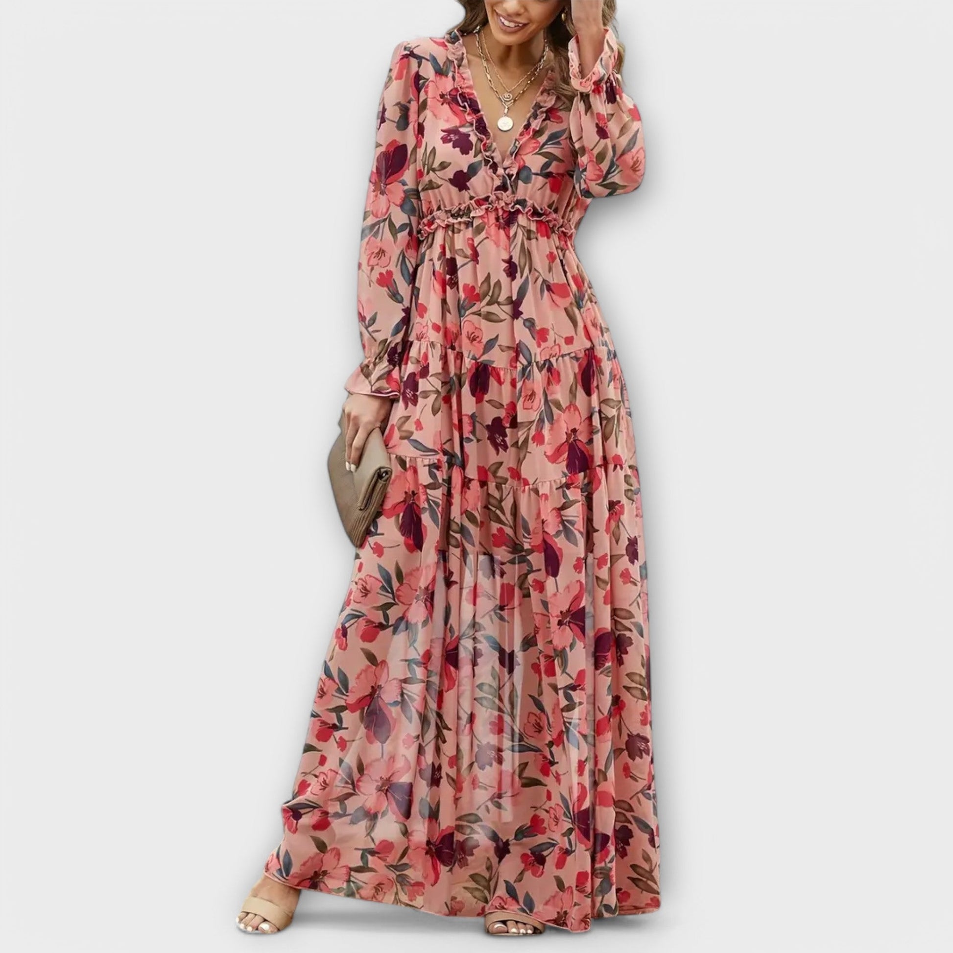 Women's Floral Tiered Maxi Dress - Long Sleeve Occasion Dress