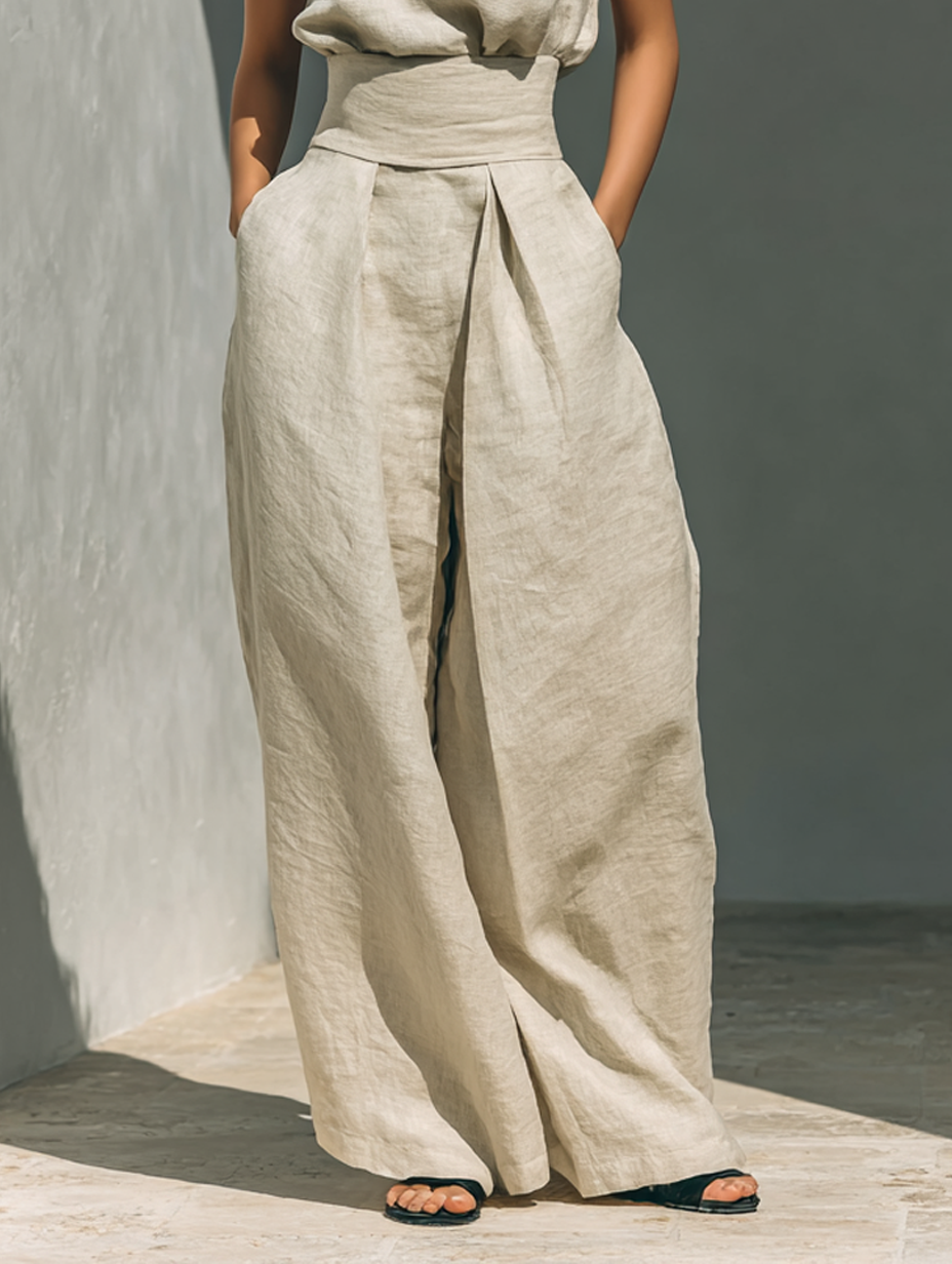 Women's Sleeveless Wide Leg Co Ord Set – Relaxed Beige Matching Outfit