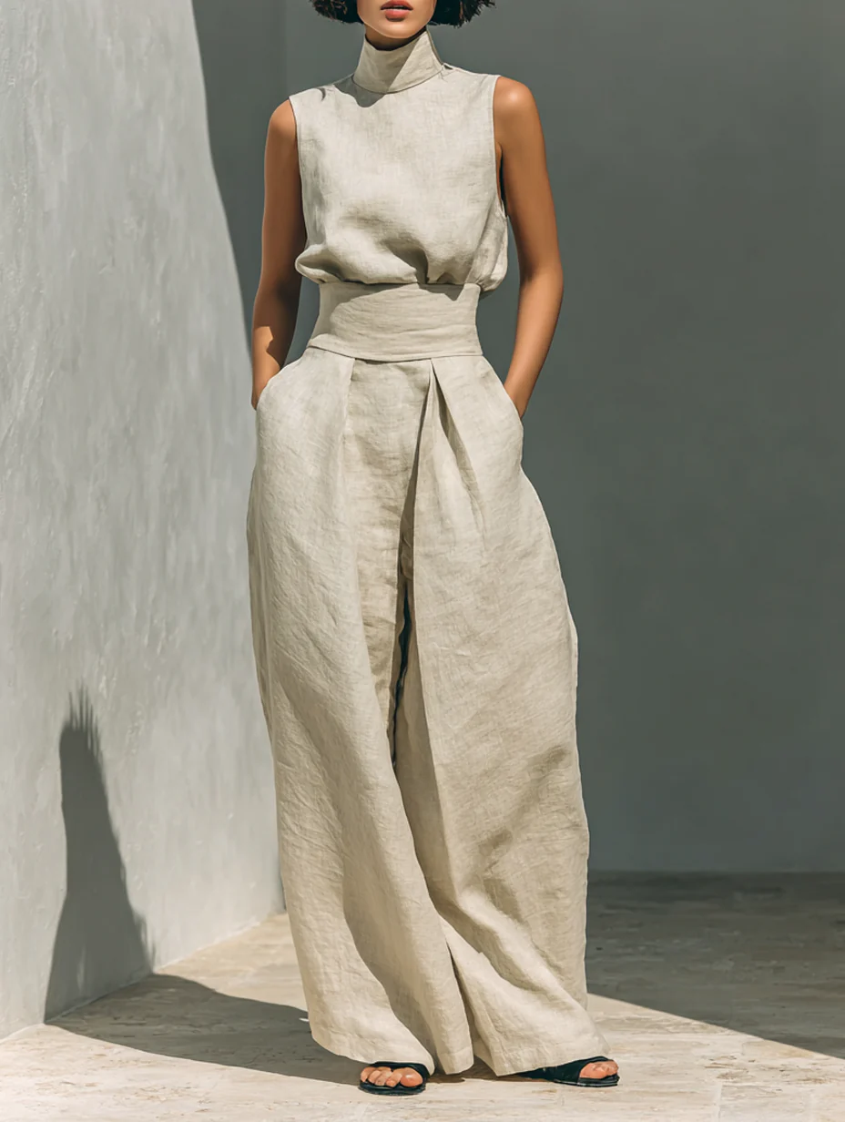Women's Sleeveless Wide Leg Co Ord Set – Relaxed Beige Matching Outfit